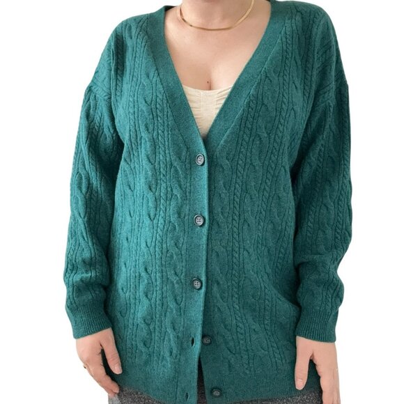 NWOT Garnet Hill Dark Teal Green 100% Cashmere Cable Knit Cardigan Sz L - Picture 10 of 10